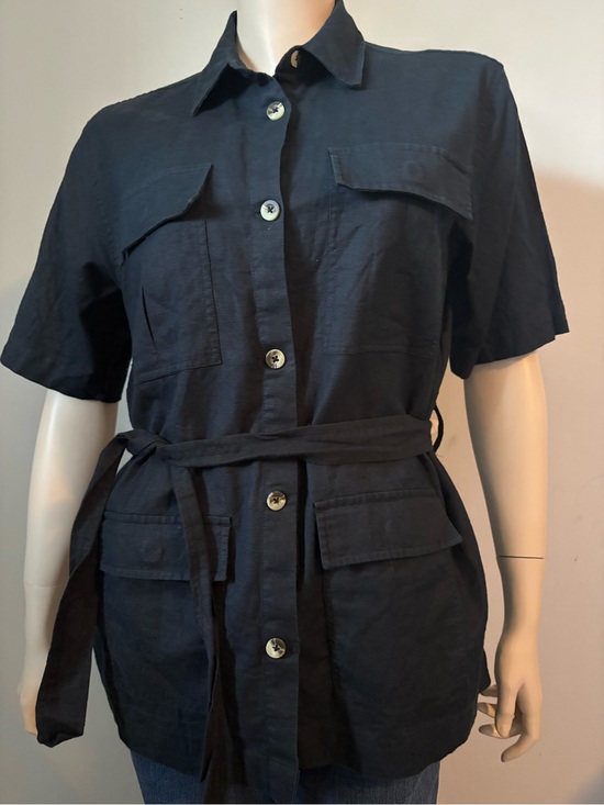 OAK + FORT Tops - OAK + FORT Black Short-Sleeve linen/cotton, Utility Shirt with Waist Tie Sz M.